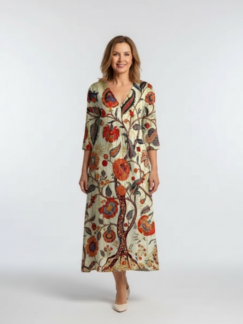 CORISANDE | V NECK LONG SLEEVE FLORAL MIDI DRESS