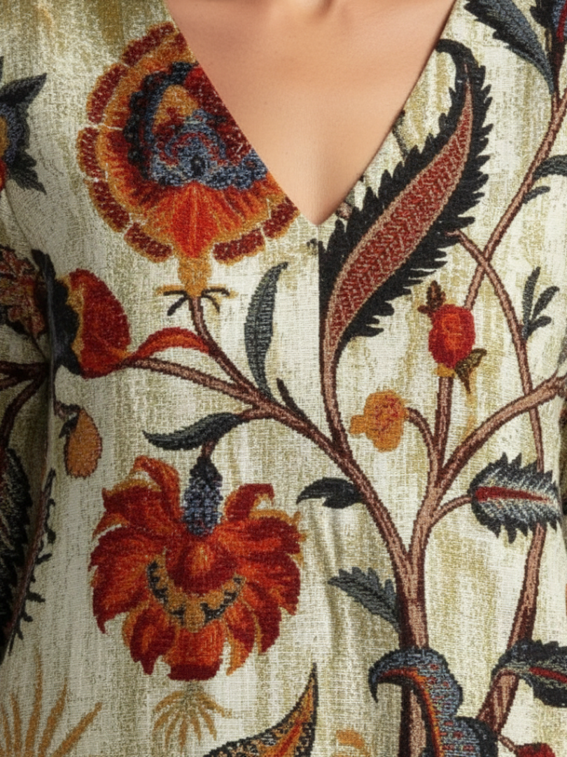 CORISANDE | V NECK LONG SLEEVE FLORAL MIDI DRESS