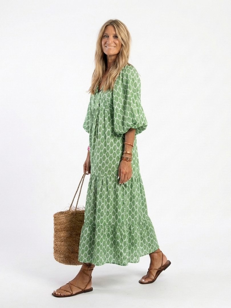 APOLLINE | THREE-QUARTER SLEEVE V-NECK PATTERNED MIDI DRESS