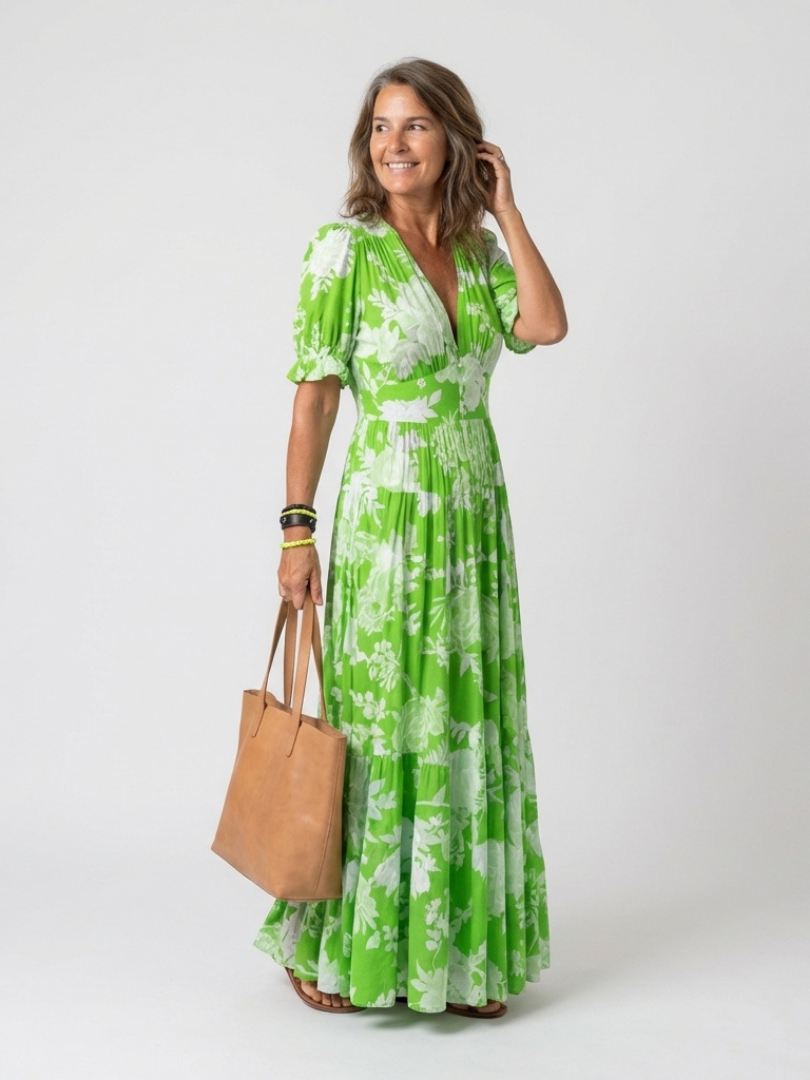 IONE | SHORT SLEEVE V NECK FLORAL MIDI DRESS
