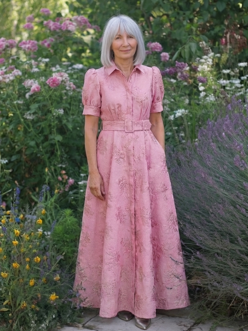 XANTHEA | SHORT SLEEVE BELTED FLORAL TEXTURED MAXI SHIRT DRESS